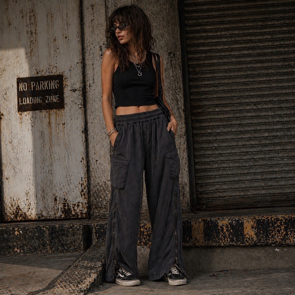 One Teaspoon Charcoal Tencel Parachute Pants Womens M Cargo Zipped Wide Leg